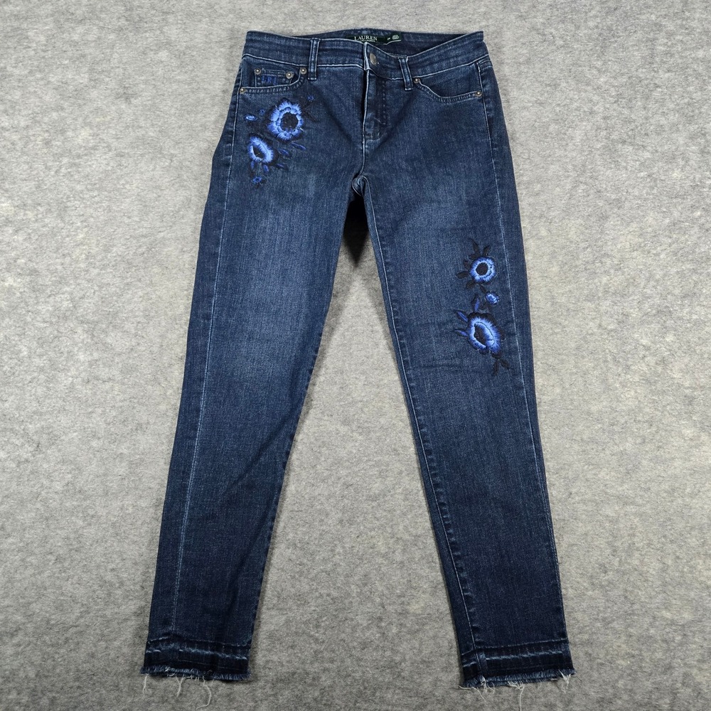 Lauren Ralph Lauren Womens Blue Premier Skinny Floral Embroidered Jeans 0P